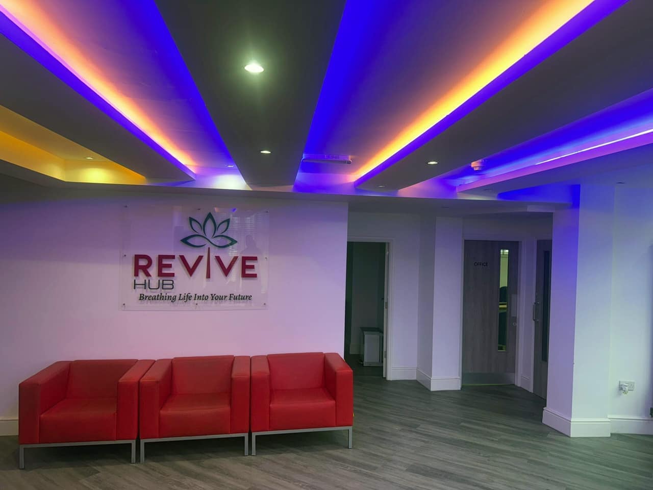 The welcoming reception area with the Revive Hub logo